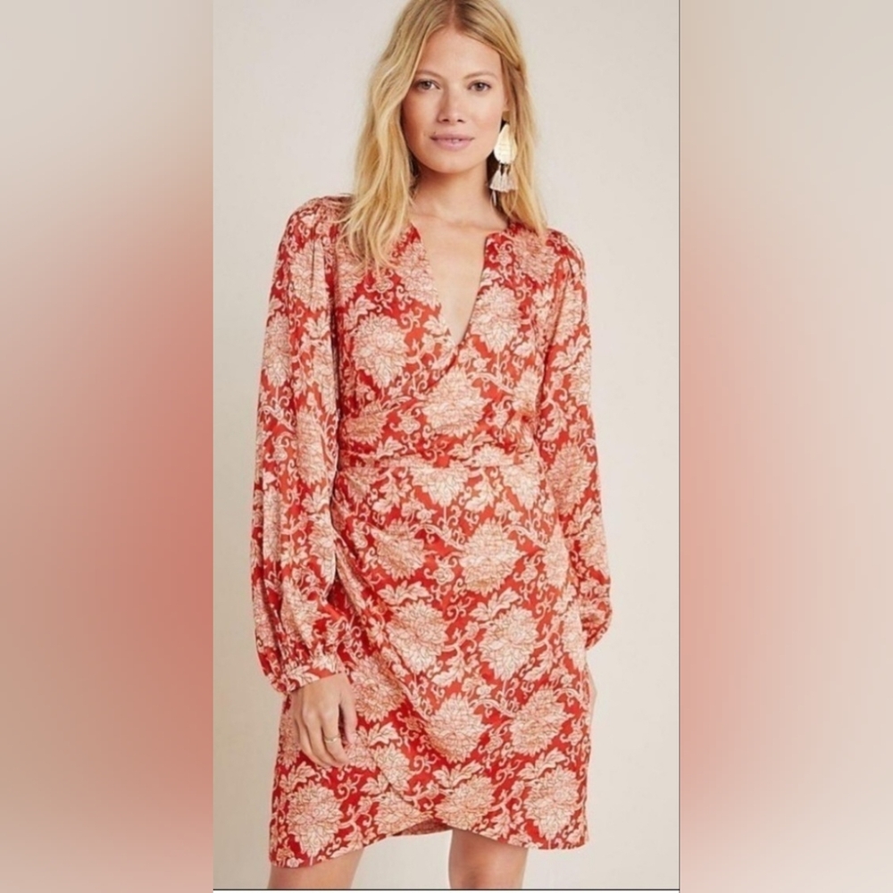 Elegant Red Floral Wrap Dress By Anthropologie. New With Tags.